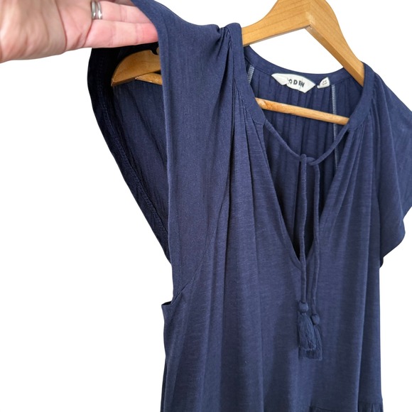 BODEN Navy Blue Tiered Midi Dress Flutter Sleeve Tie Neck, Size 8 - Picture 4 of 9